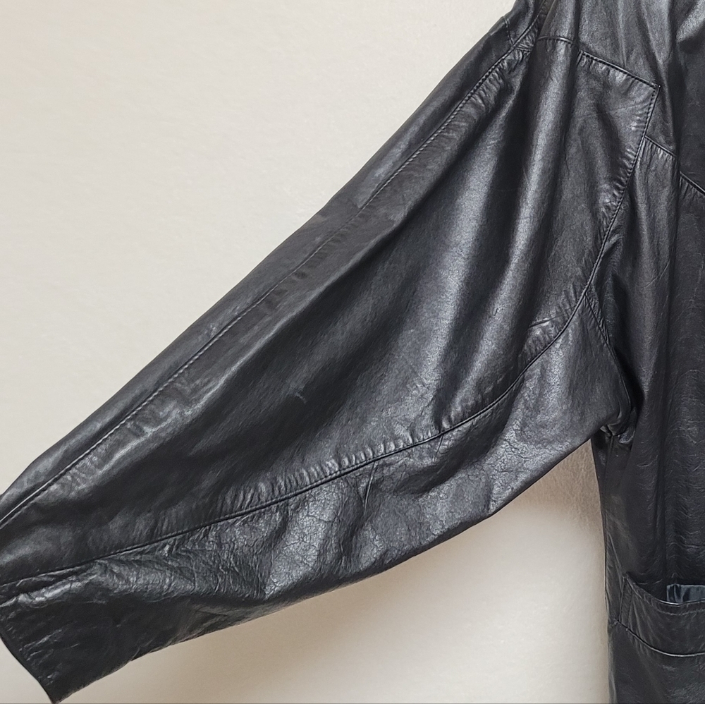 80s Vintage BKE Black Leather Longline Dolman Sleeve Oversized Trench Coat 7/8 - Picture 8 of 14